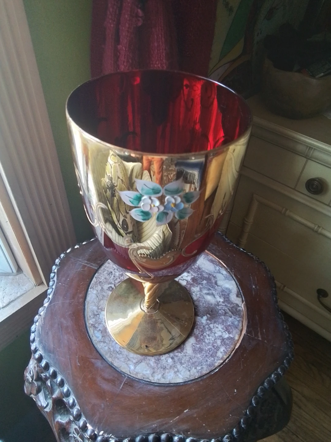 Large Red Goblet with Gold Trim and Floral Design - photo 3