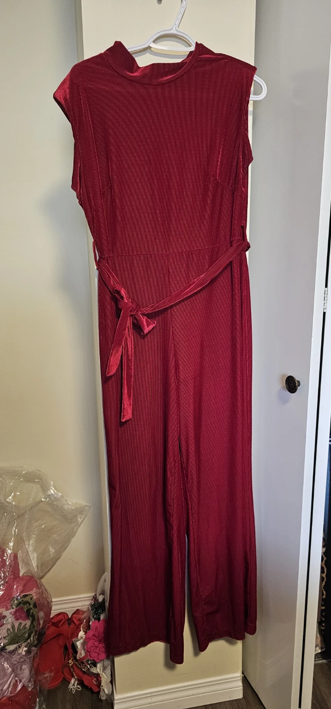 Red Ribbed Velvet Jumpsuit with Belt - photo 2