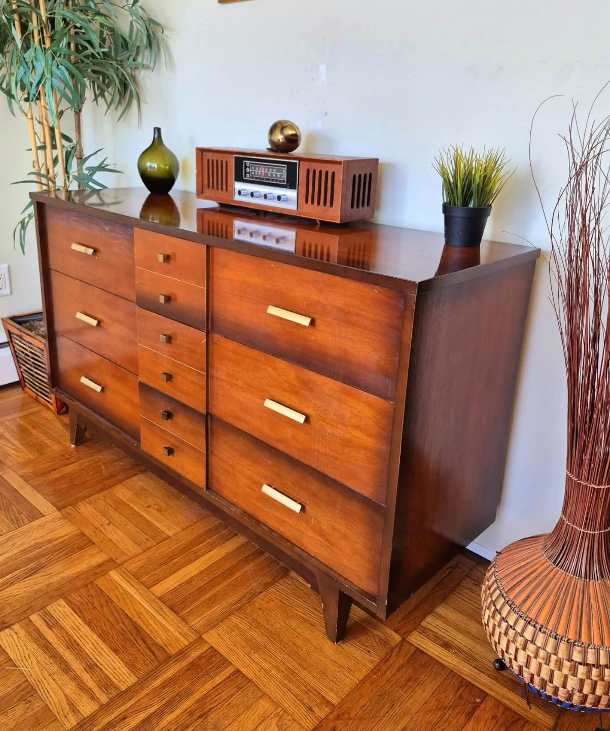 MCM Solid Walnut 6 Drawer Dresser With Brass Pull Handles