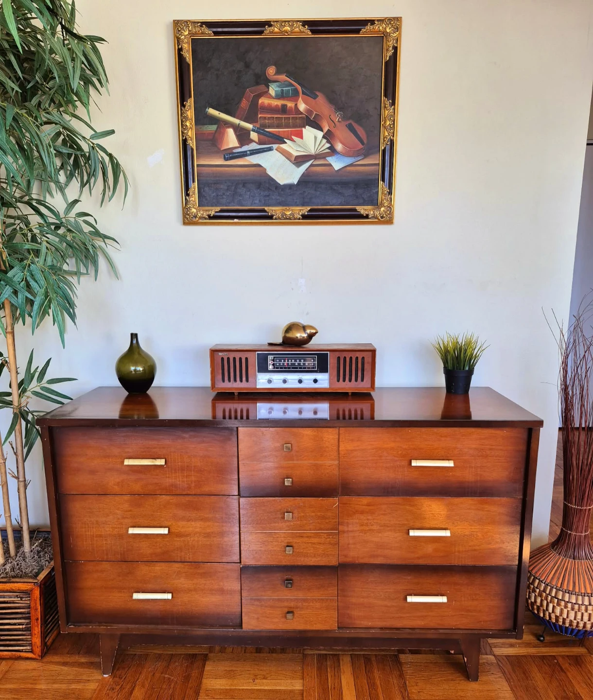 MCM Solid Walnut 6 Drawer Dresser With Brass Pull Handles - photo 2