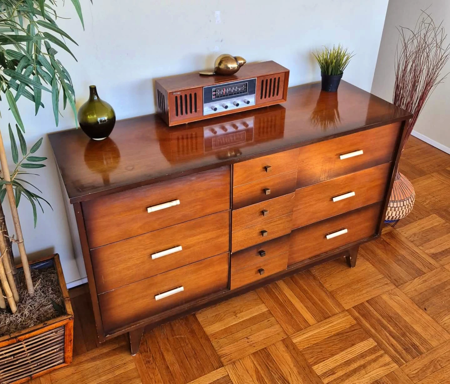 MCM Solid Walnut 6 Drawer Dresser With Brass Pull Handles - photo 3