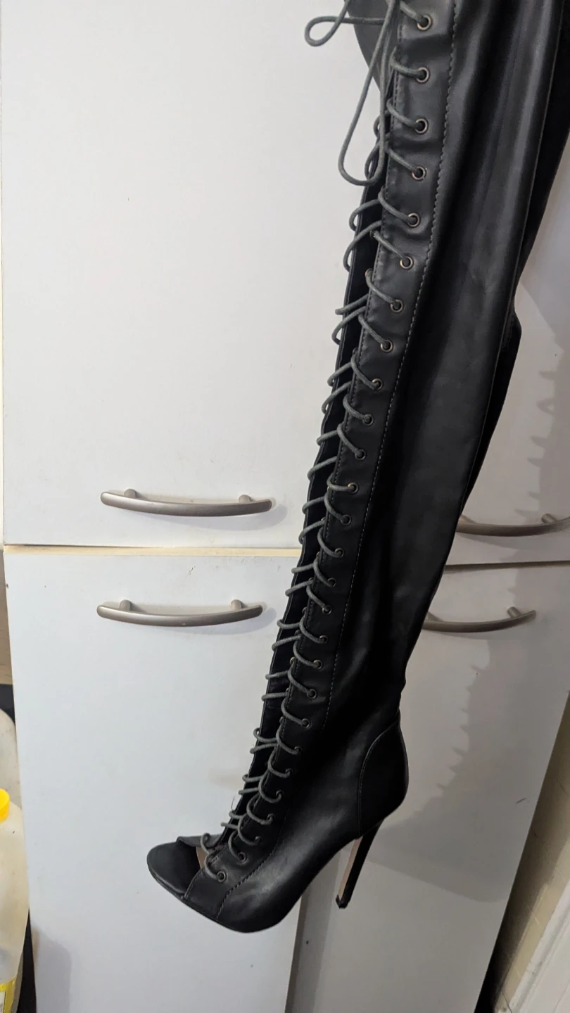 Brand new.. worn once Black Lace-Up Thigh-High Peep-Toe Heels - photo 3