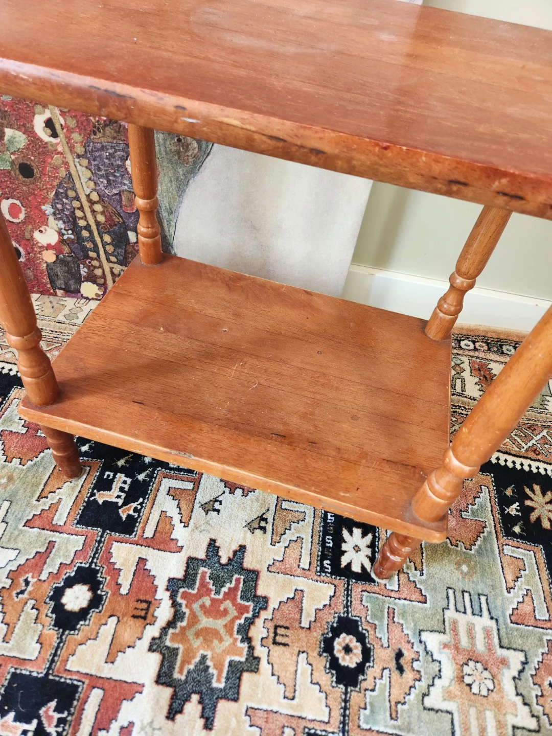 VINTAGE solid wood Side Table or plant stand with Two Shelves - photo 3