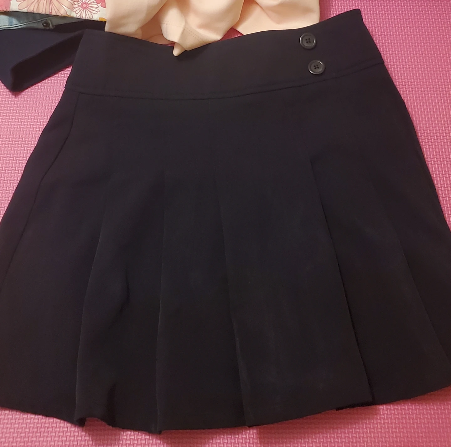 Navy Pleated Skirt with Button Detail