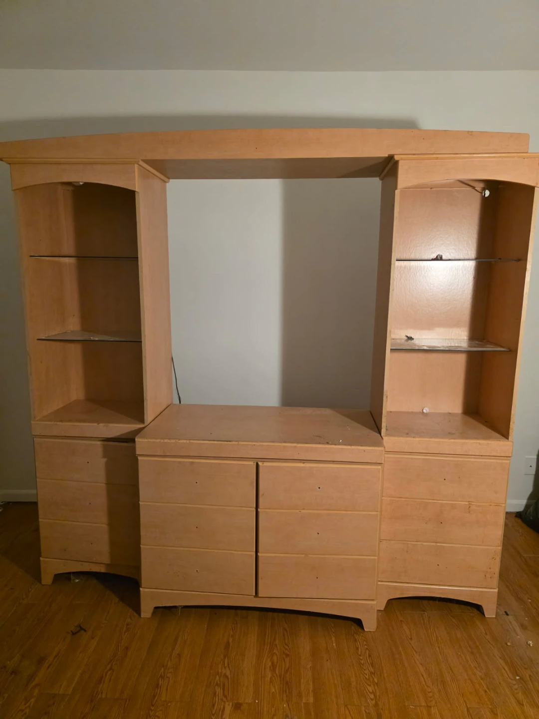 Light Wood Entertainment Center with Shelves and Drawers