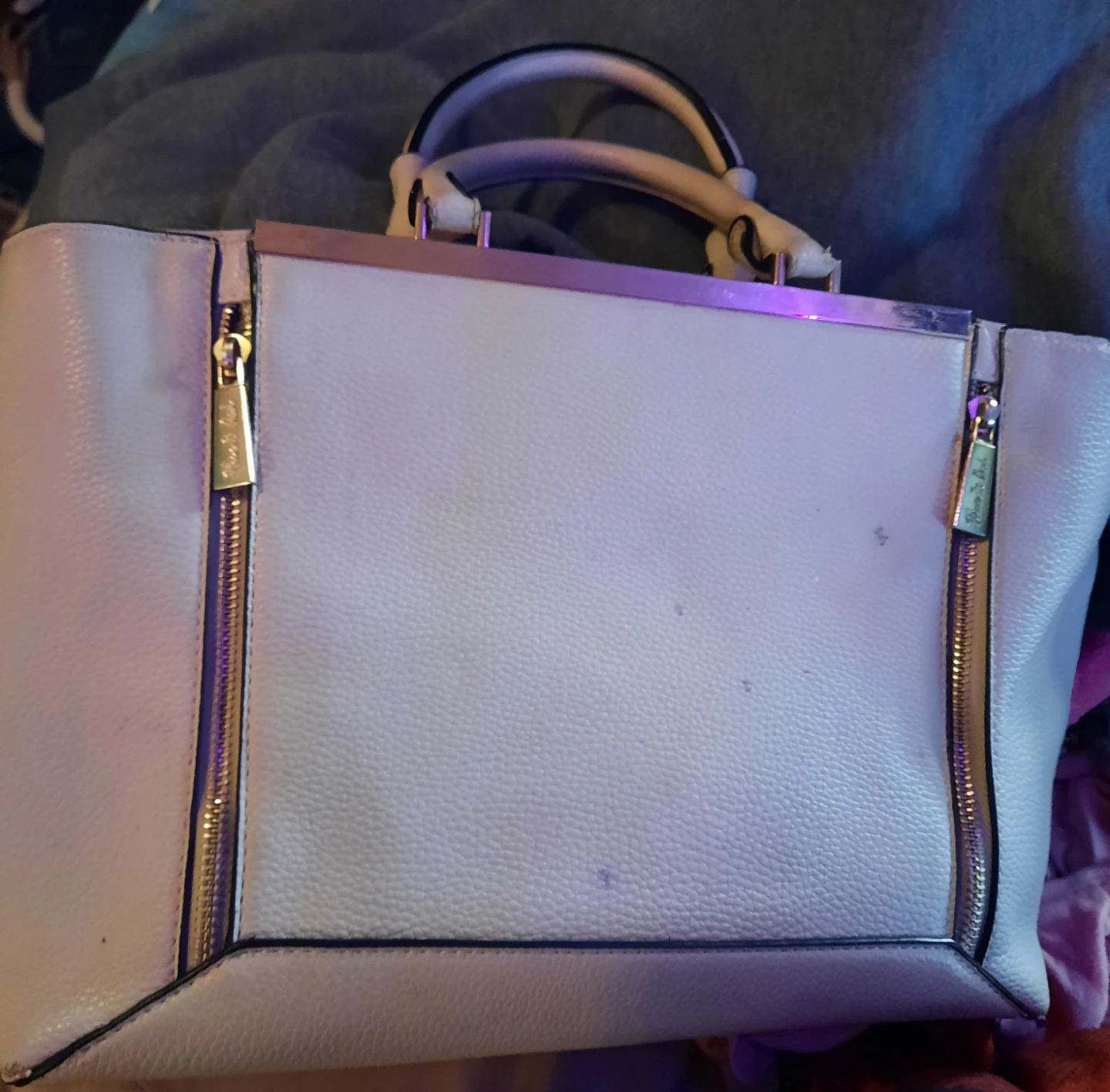 White Faux Leather Tote Bag with Gold Zippers