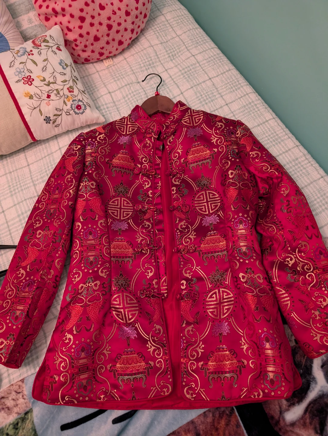 Red Brocade SilkJacket with Traditional Chinese Motifs