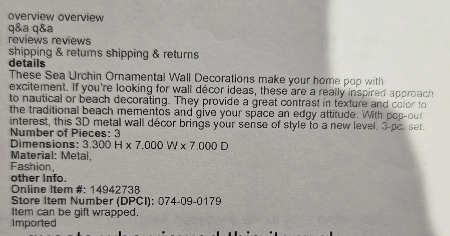 Sea Urchin Ornamental Wall Decorations - Metal, 2 Set of 3 - photo 4