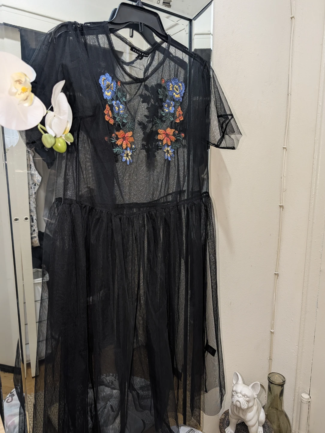 Black Sheer Mesh Dress with Floral Embroidery - photo 2