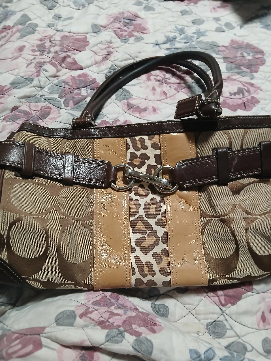 Coach Signature Monogram Tote Bag with Leopard Print Accent