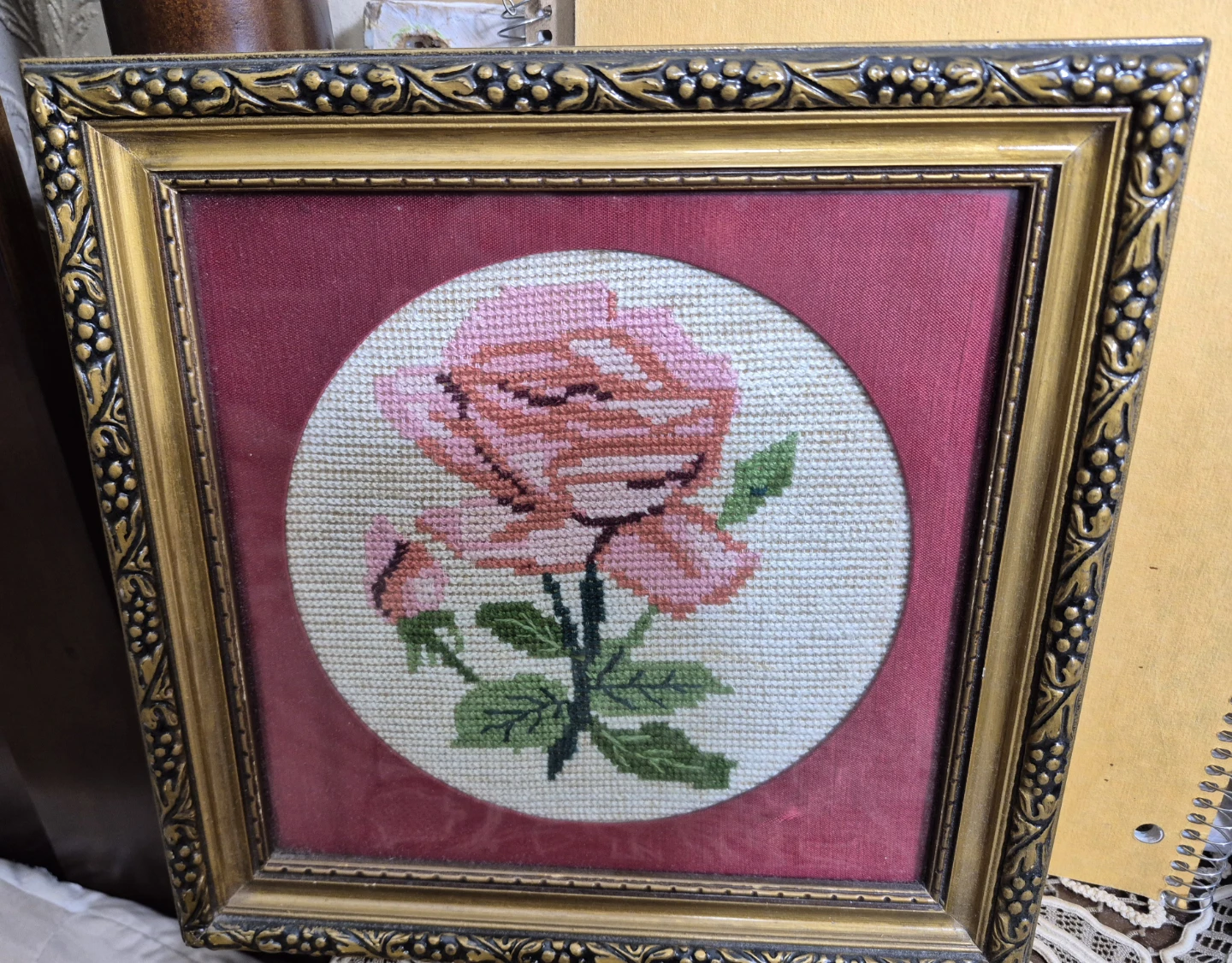 10x10vintage antique Framed Needlepoint Rose Art
