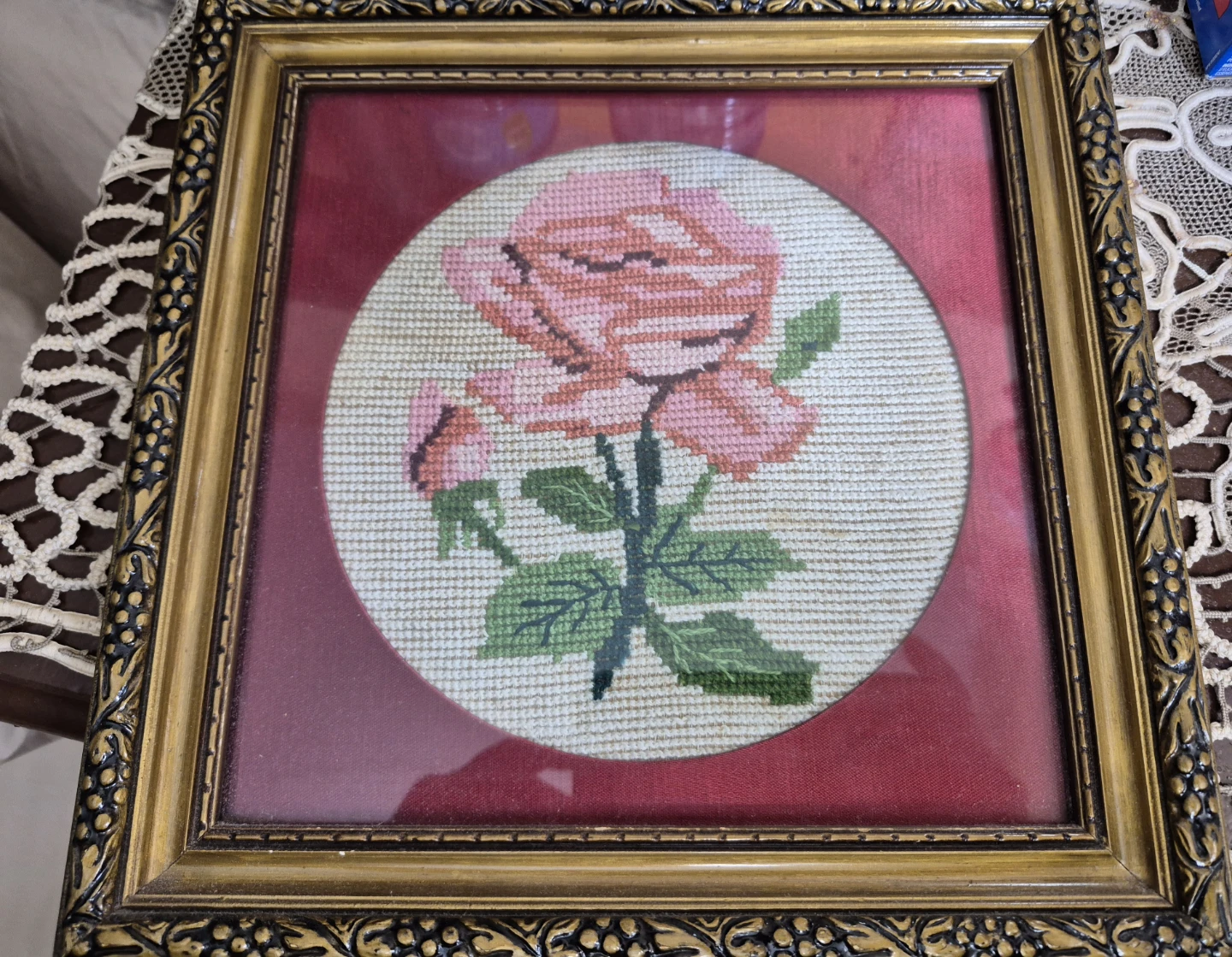 10x10vintage antique Framed Needlepoint Rose Art - photo 2