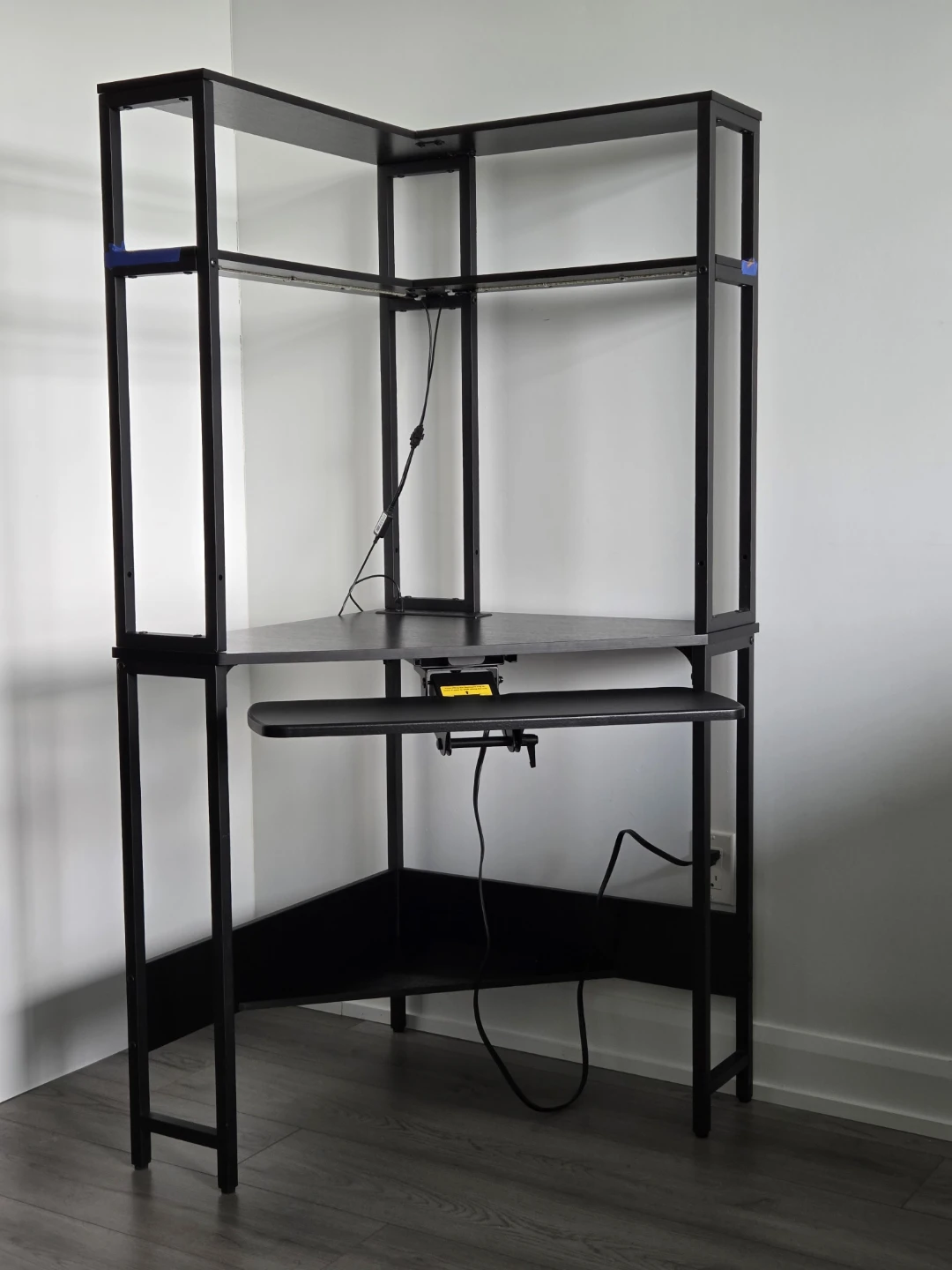 Black Corner Desk with Built-in Power Strip and LED Lights