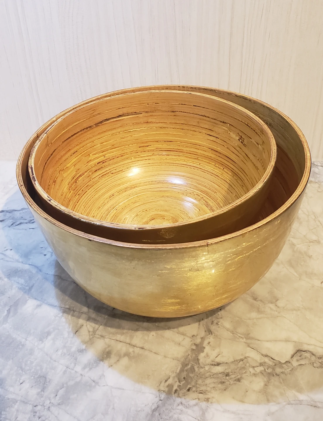 Two Gold Shellac-Bamboo Nested Bowls
