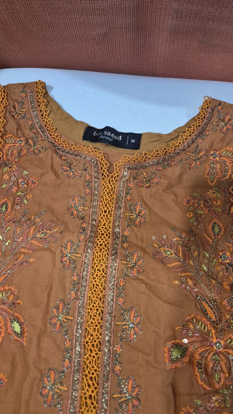 Erum Saeed Formal Orange Embroidered 3-Piece Suit - Size M