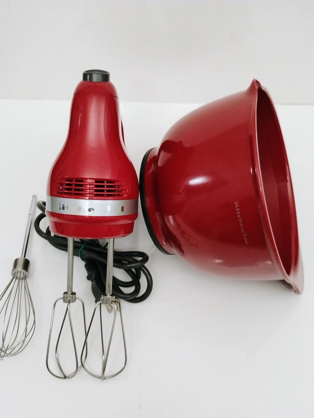 KitchenAid Red Hand Mixer with Bowl and Attachments use