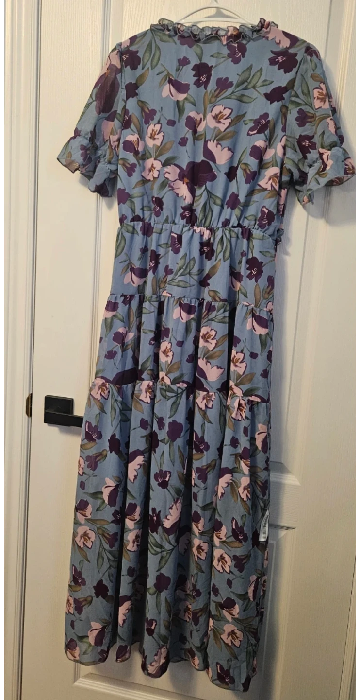 Blue Floral Tiered Midi Dress with Ruffle Trim - photo 3