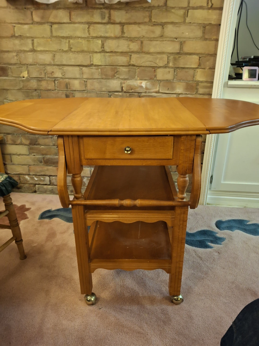 Wooden Drop Leaf Serving Cart with Drawer