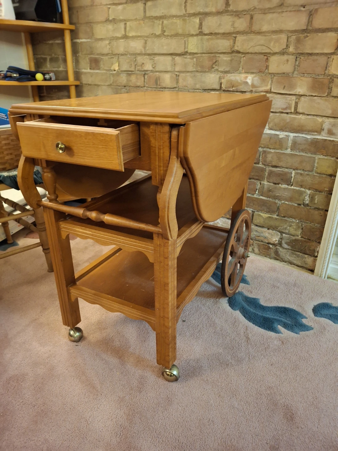Wooden Drop Leaf Serving Cart with Drawer - photo 3