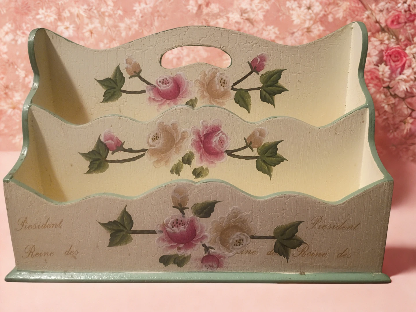 Vintage Hand-painted Wooden Mail Sorter with Floral Design