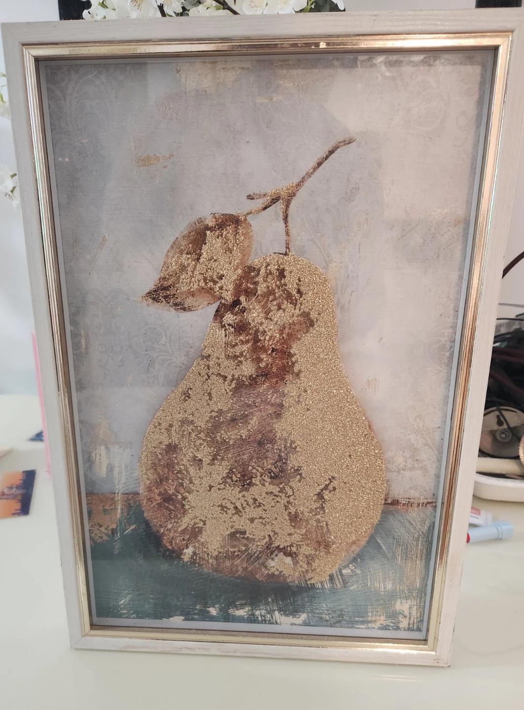 Framed Pear Artwork with Gold Glitter Accent