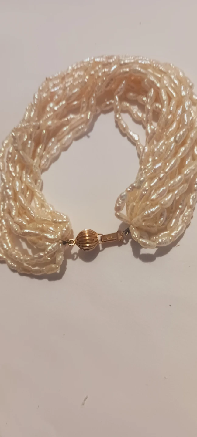 14K Gold Clasp Stamped Freshwater Rice Pearl 14 Strand Bracelet - photo 5