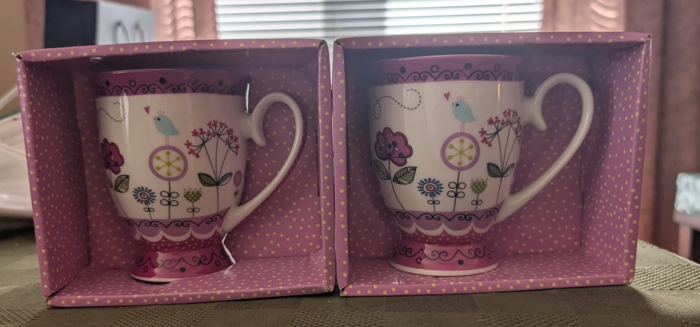 Set of 2 Decorative Mugs with Bird and Flower Design