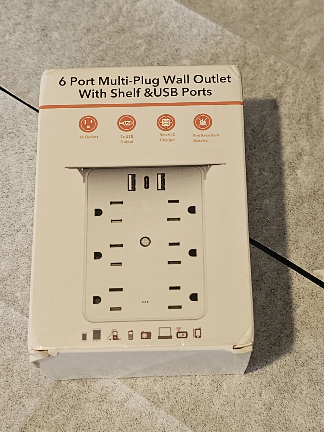 6 Port Multi-Plug Wall Outlet With Shelf & USB Ports