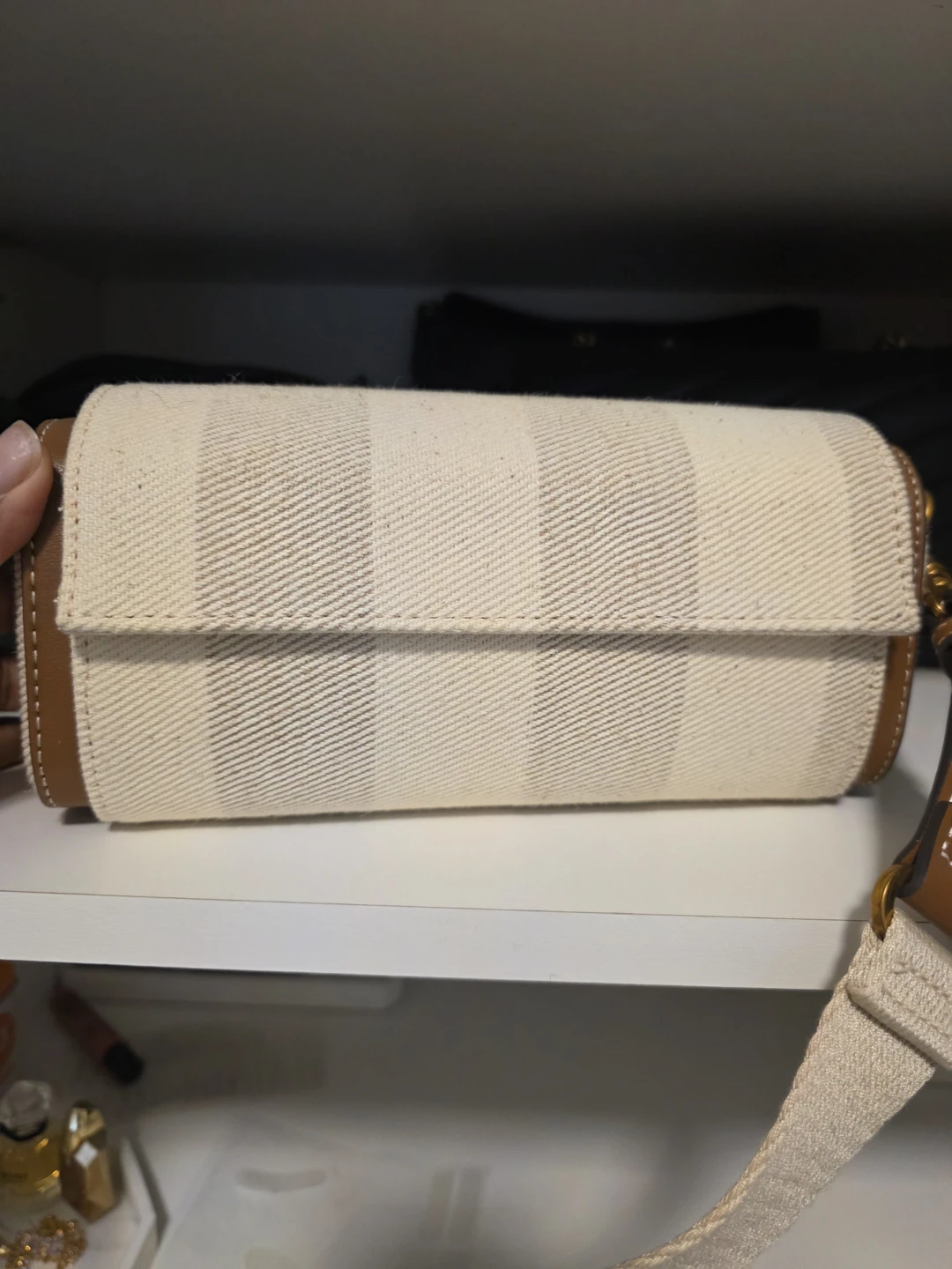 Zara White and Tan Striped Canvas Shoulder Bag