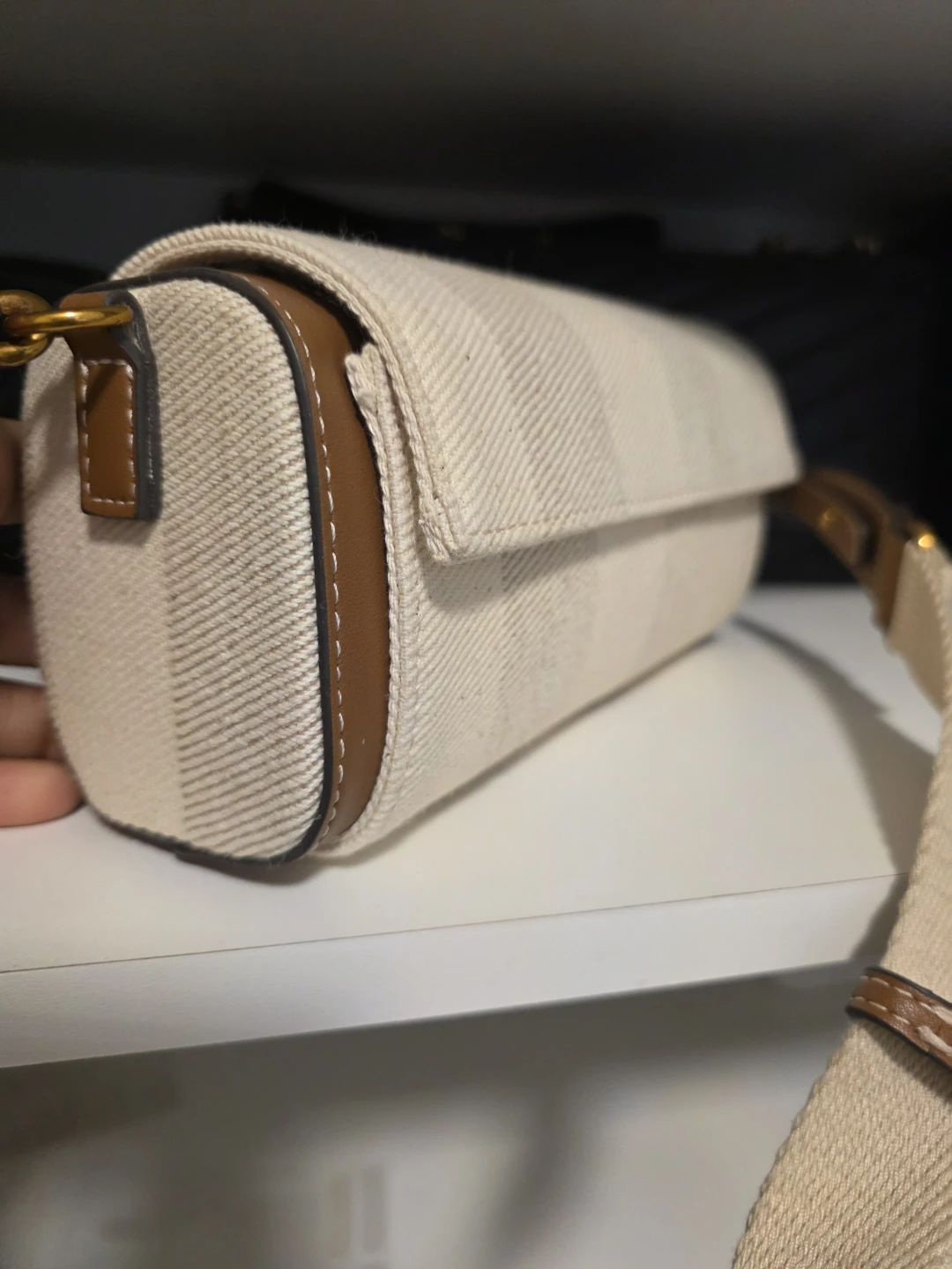 Zara White and Tan Striped Canvas Shoulder Bag - photo 4