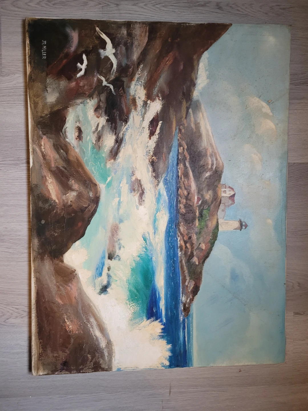 Original Oil Painting Seascape with Lighthouse by J.R. Miller