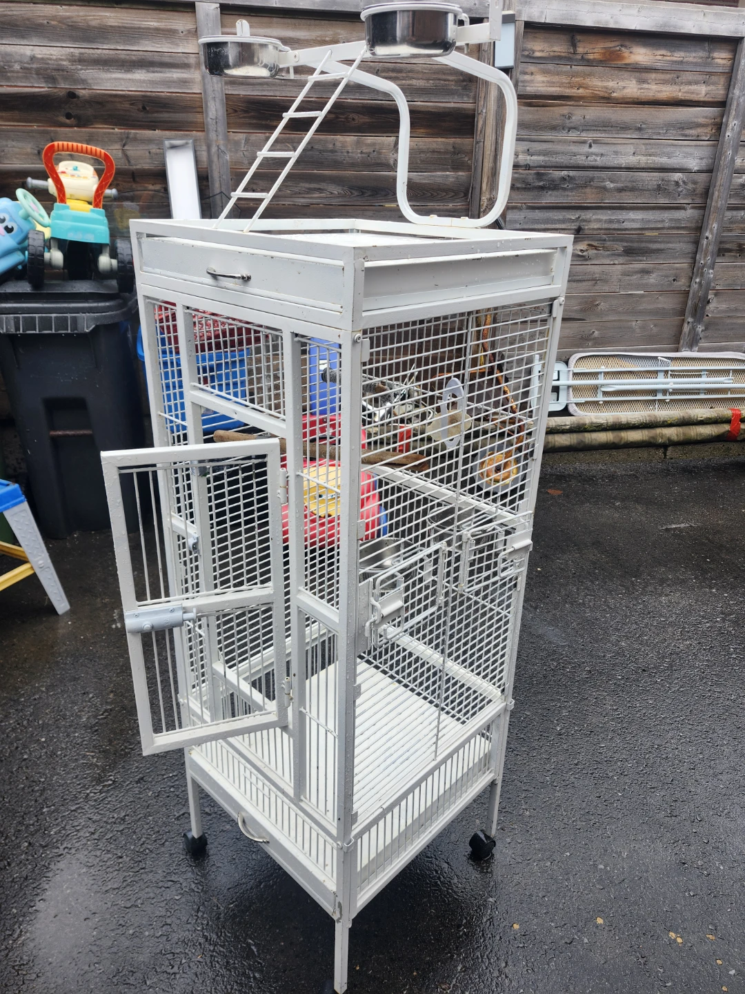 Large White Bird Cage with Perch and Cups