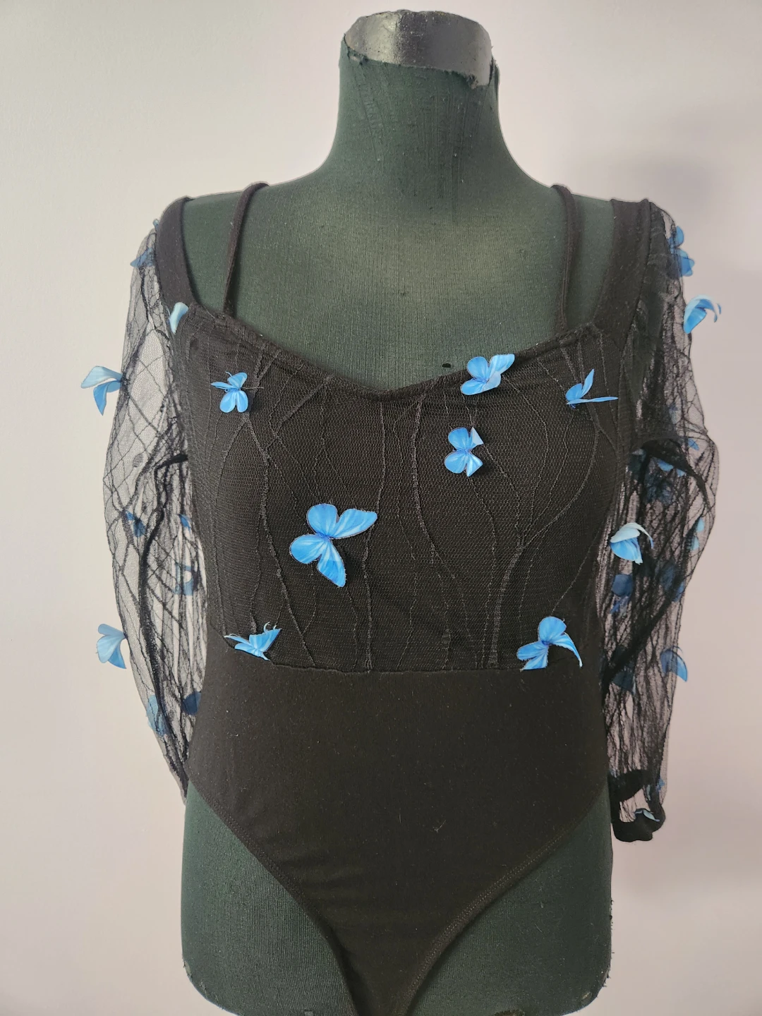 Black Bodysuit with Blue Butterfly Embellishments - Size XL