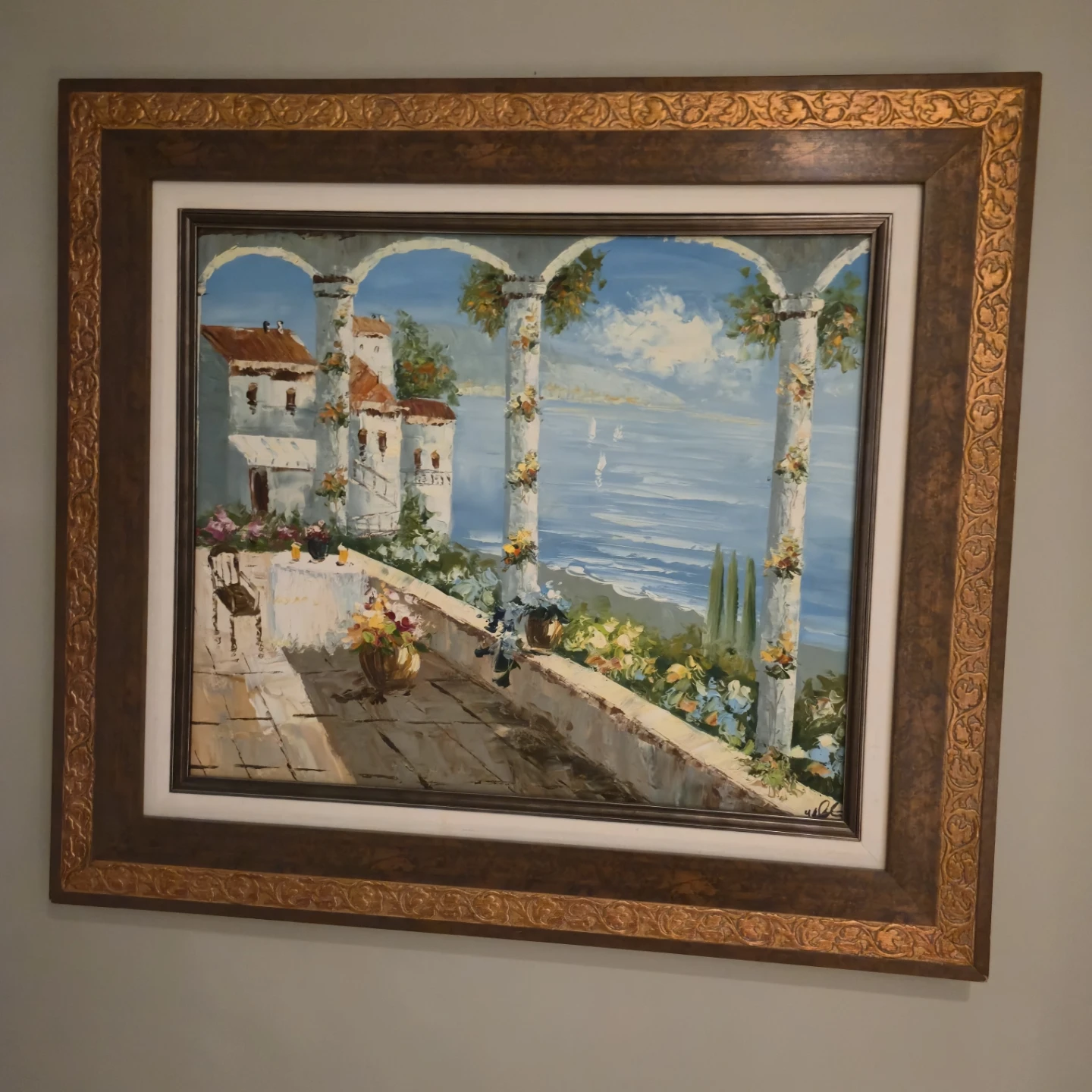 Framed Mediterranean Balcony Scene Oil Painting