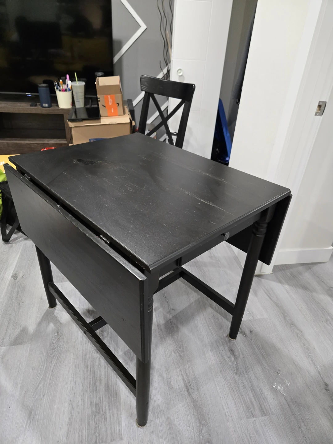 Black Wooden Drop-Leaf Table with Drawer