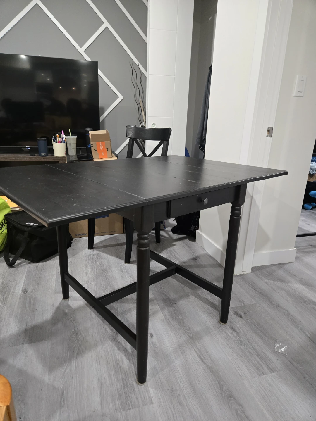 Black Wooden Drop-Leaf Table with Drawer - photo 2