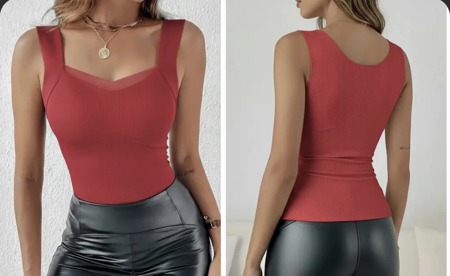 Red Ribbed Tank Top with Sheer Neckline