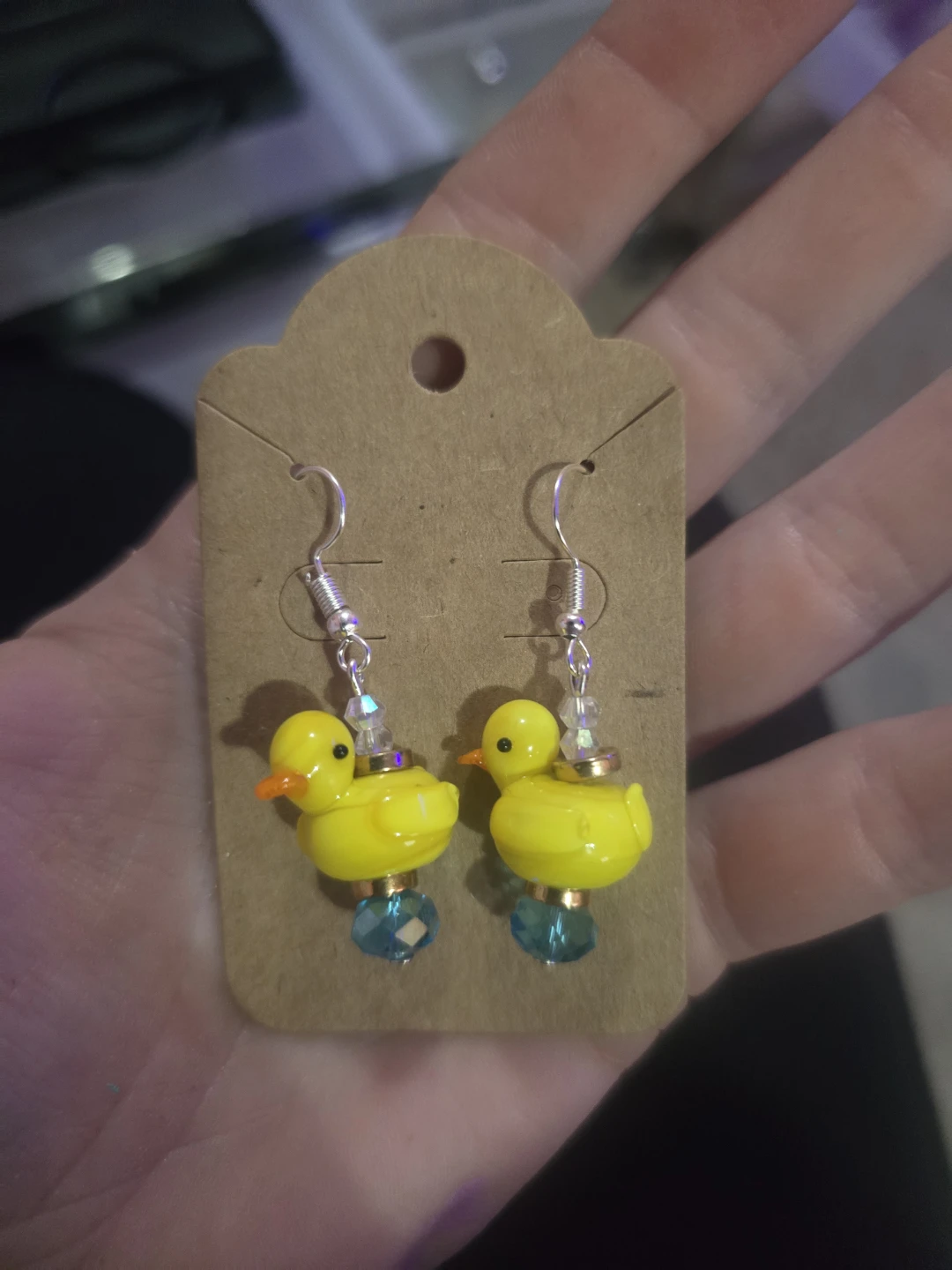 Yellow Duck Earrings with Blue Crystal Beads