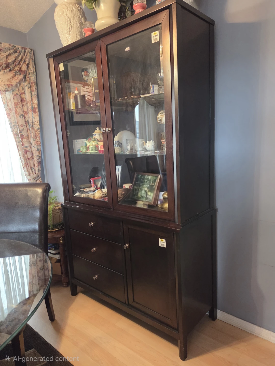 Dark Wood Display Cabinet with Glass Doors and Drawers