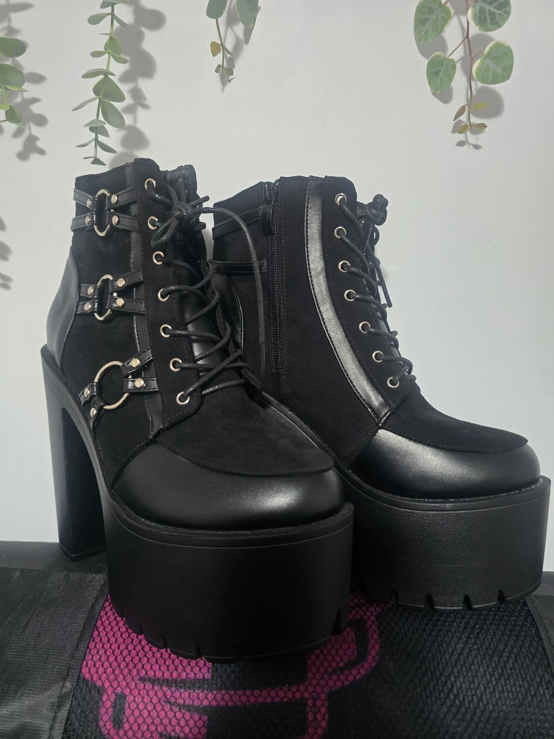 Black Platform Chunky Heel Boots with Buckle Straps