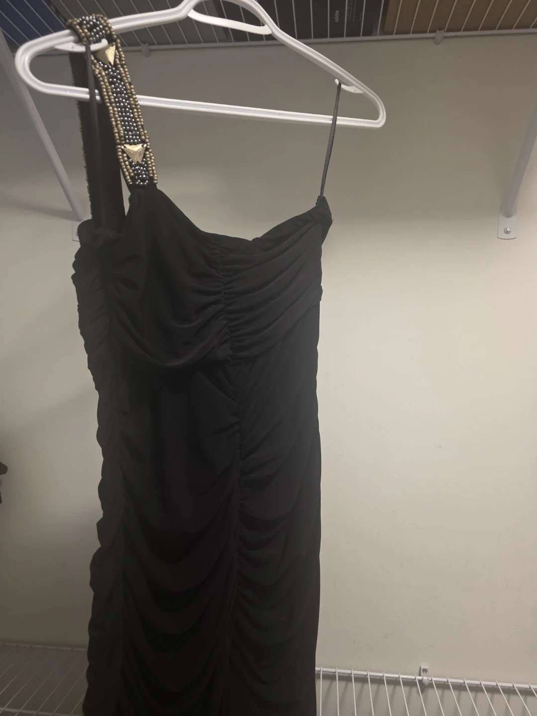 Black One-Shoulder Ruched Dress with Embellished Strap