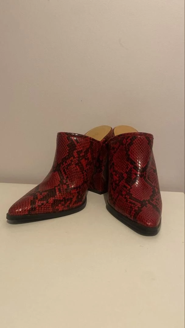 Red Snake Print Mules - Size US 8