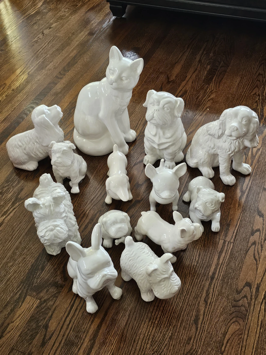 Set of 13 White Ceramic Dog & Cat Figurines
