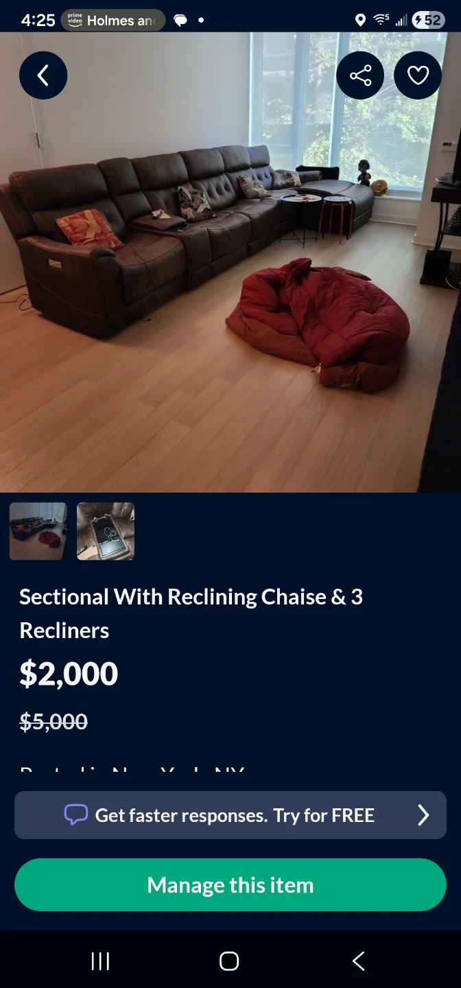 Sectional Sofa with Reclining Chaise and 3 Recliners
