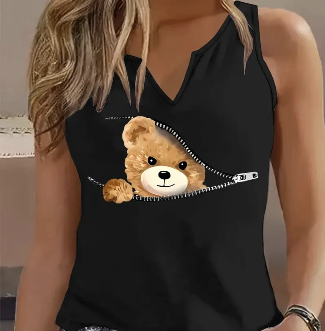 Women's Black Teddy Bear Zipper Tank Top