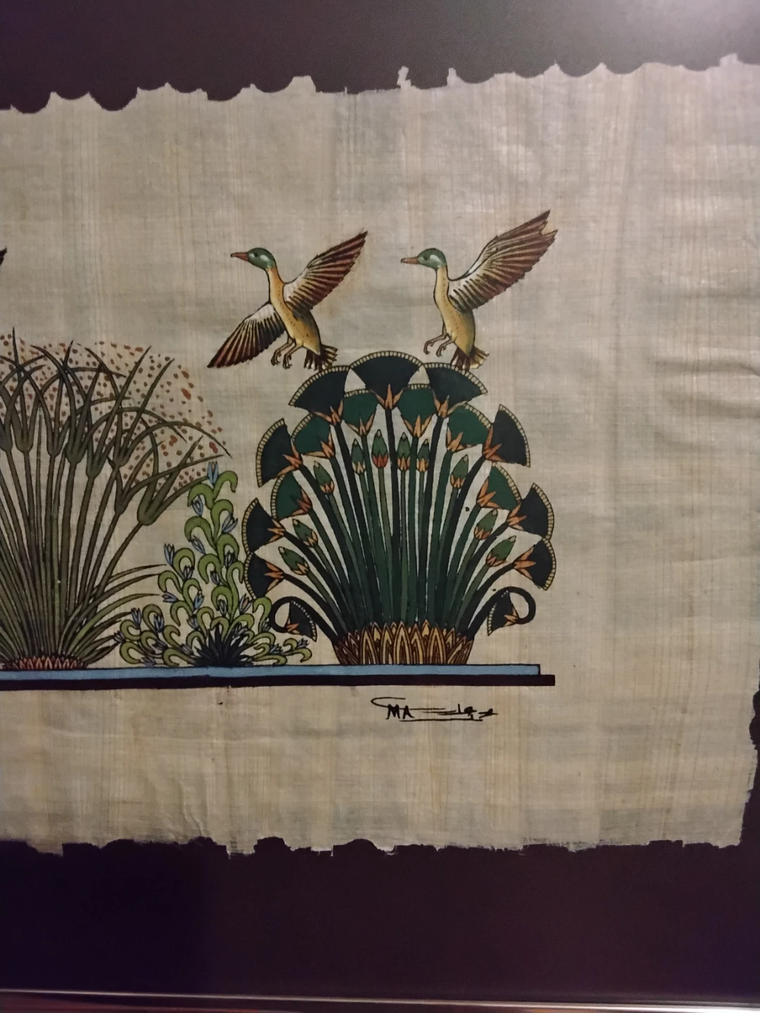 Framed Egyptian Papyrus Art with Birds and Anubis Figure - photo 2