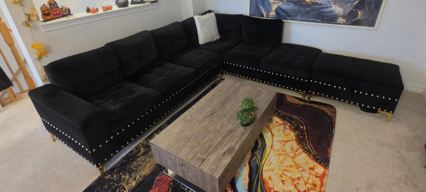 Black Velvet Sectional Sofa and Ottoman with Cup Holders