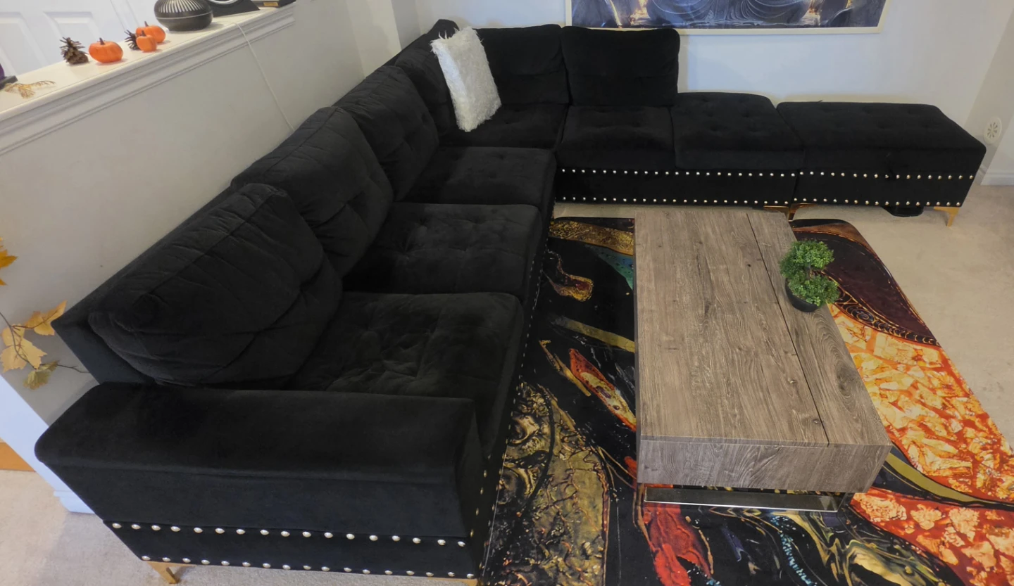 Black Velvet Sectional Sofa and Ottoman with Cup Holders - photo 4