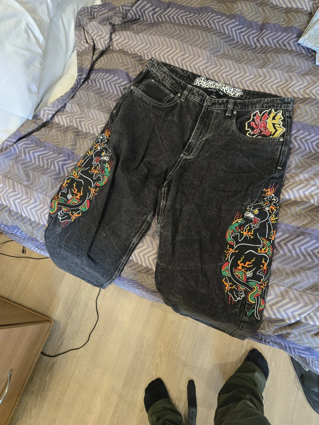 NINTH HALL  Black Denim Jeans with Panther & Flame Embroidery