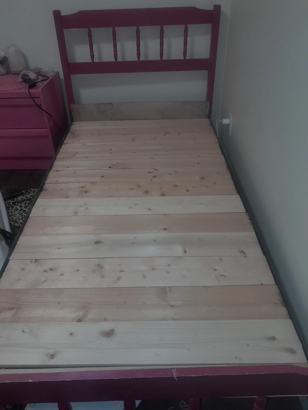 Pink Wooden Bed Frame with Slat Base